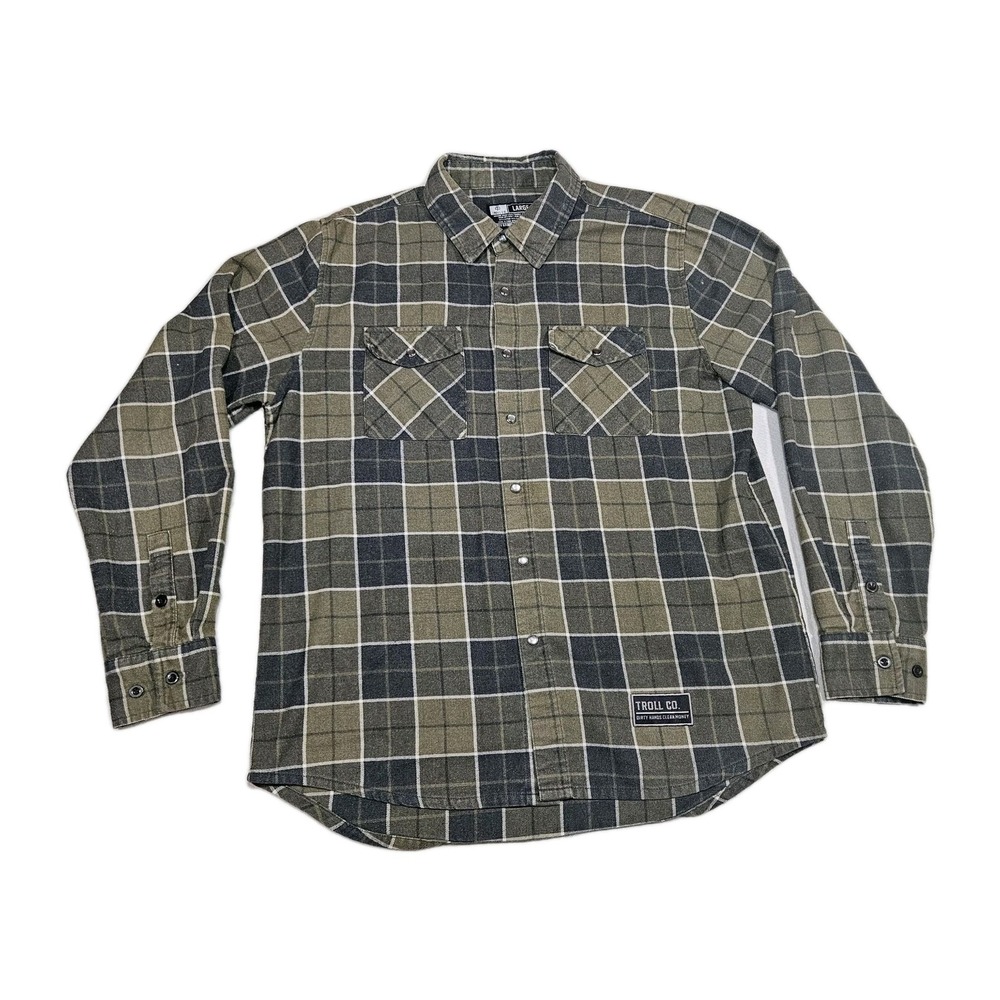 Troll Co Flannel Shirt Mens Large L Green Gray Plaid Snap Button Dirty Hands Cle